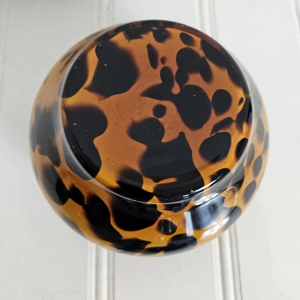 Hand Blown Art Glass Amber Leopard Tortoise Shell Vase Yellow Interior Decor - Picture 8 of 12